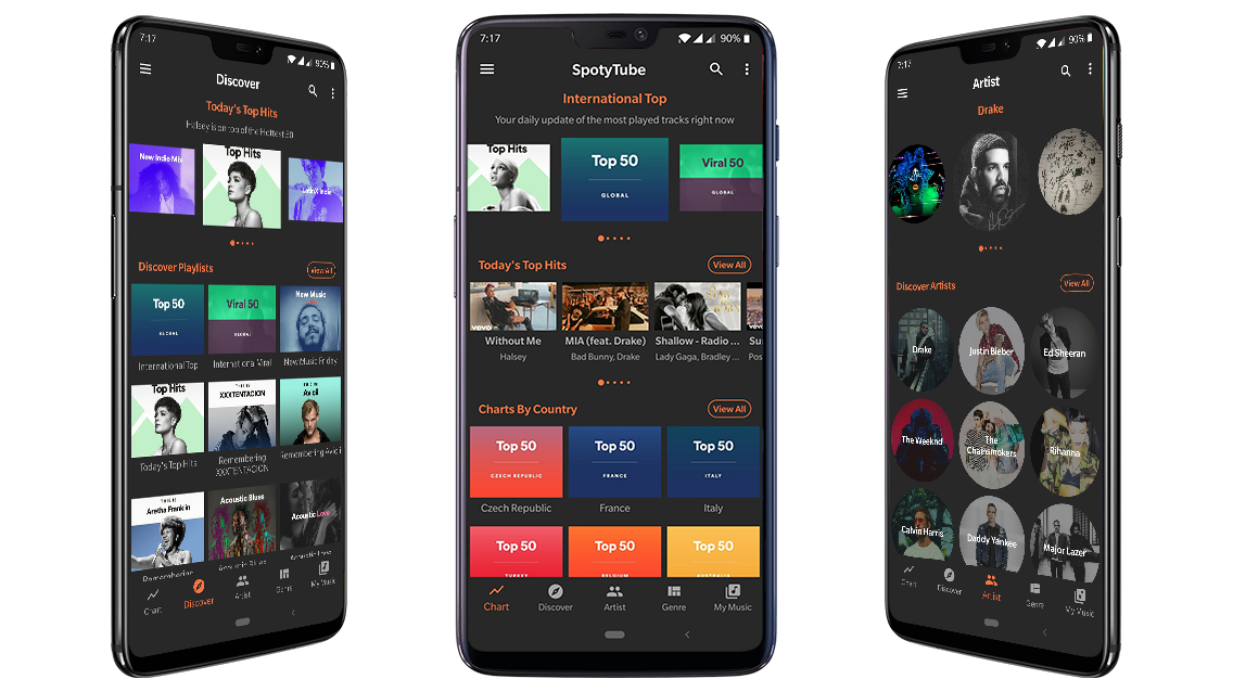 SpotyTube app preview on phone — Discover, Charts, and Artists
